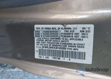 2012 Honda Odyssey Touring/Touring Elite from USA, damaged, VIN 5FNRL5H91CB145309